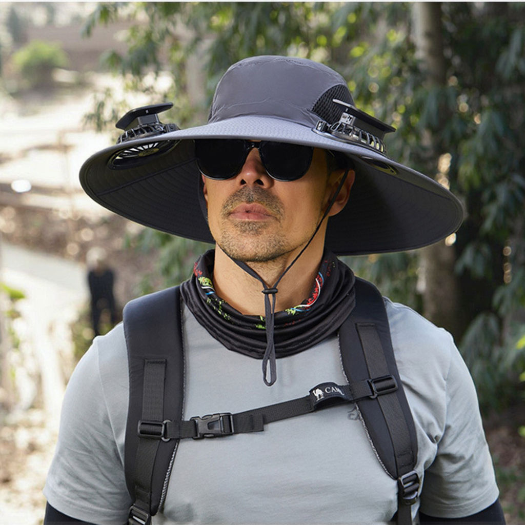 Large Size Quick-Dry Sun Hat, Solar & USB Rechargeable Cooling Fisherman Hat, Adjustable Wide Brim Dual Fan Hat, UV Protection Portable Wearable Fan Cap for Fishing Hiking Camping Summer Outdoor Travel