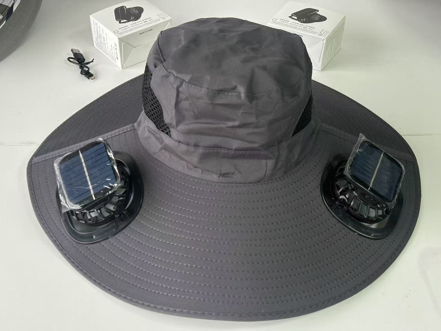 Large Size Quick-Dry Sun Hat, Solar & USB Rechargeable Cooling Fisherman Hat, Adjustable Wide Brim Dual Fan Hat, UV Protection Portable Wearable Fan Cap for Fishing Hiking Camping Summer Outdoor Travel