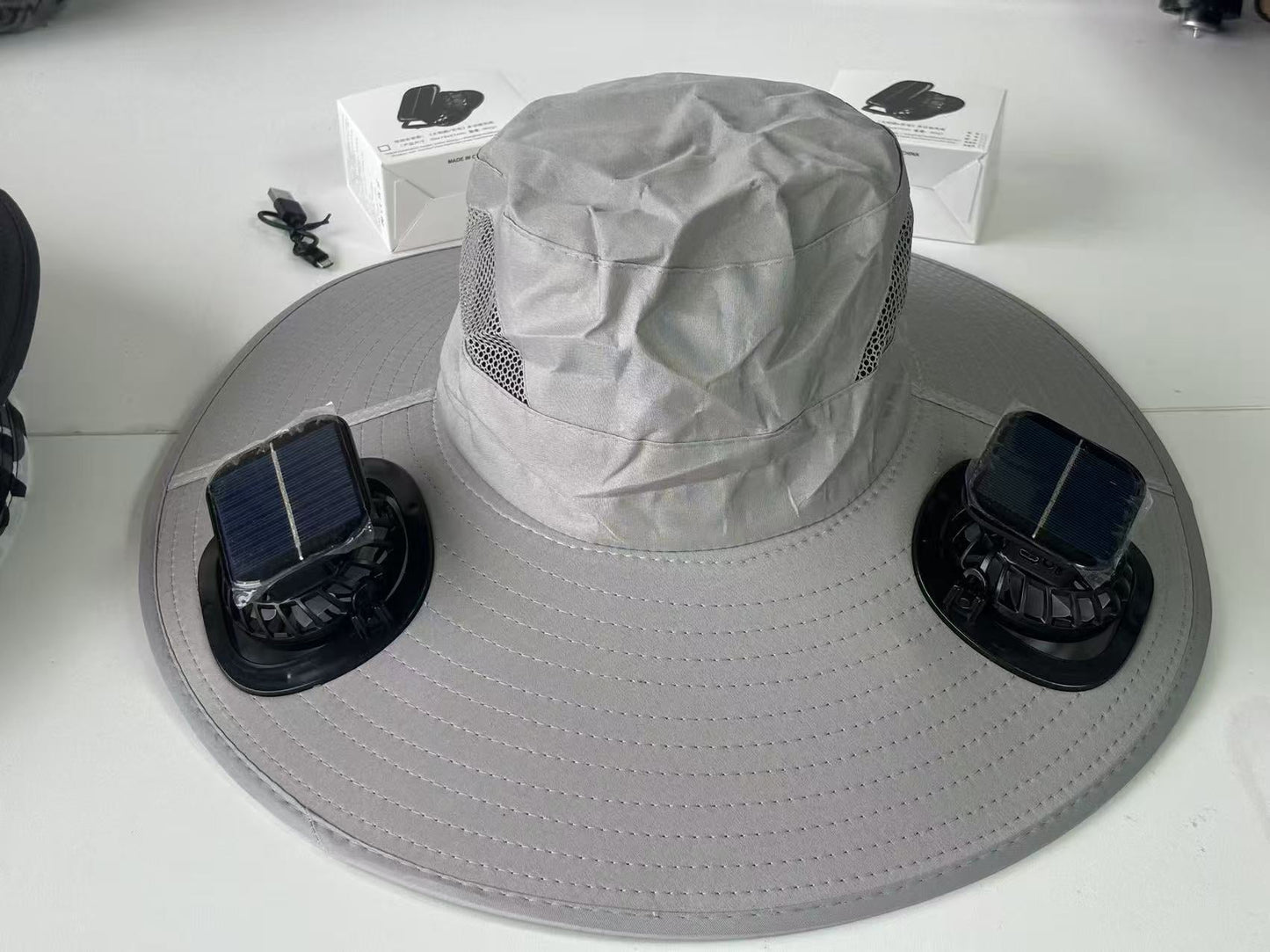 Large Size Quick-Dry Sun Hat, Solar & USB Rechargeable Cooling Fisherman Hat, Adjustable Wide Brim Dual Fan Hat, UV Protection Portable Wearable Fan Cap for Fishing Hiking Camping Summer Outdoor Travel
