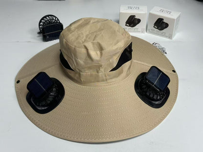 Large Size Quick-Dry Sun Hat, Solar & USB Rechargeable Cooling Fisherman Hat, Adjustable Wide Brim Dual Fan Hat, UV Protection Portable Wearable Fan Cap for Fishing Hiking Camping Summer Outdoor Travel