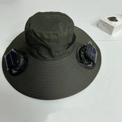 Large Size Quick-Dry Sun Hat, Solar & USB Rechargeable Cooling Fisherman Hat, Adjustable Wide Brim Dual Fan Hat, UV Protection Portable Wearable Fan Cap for Fishing Hiking Camping Summer Outdoor Travel