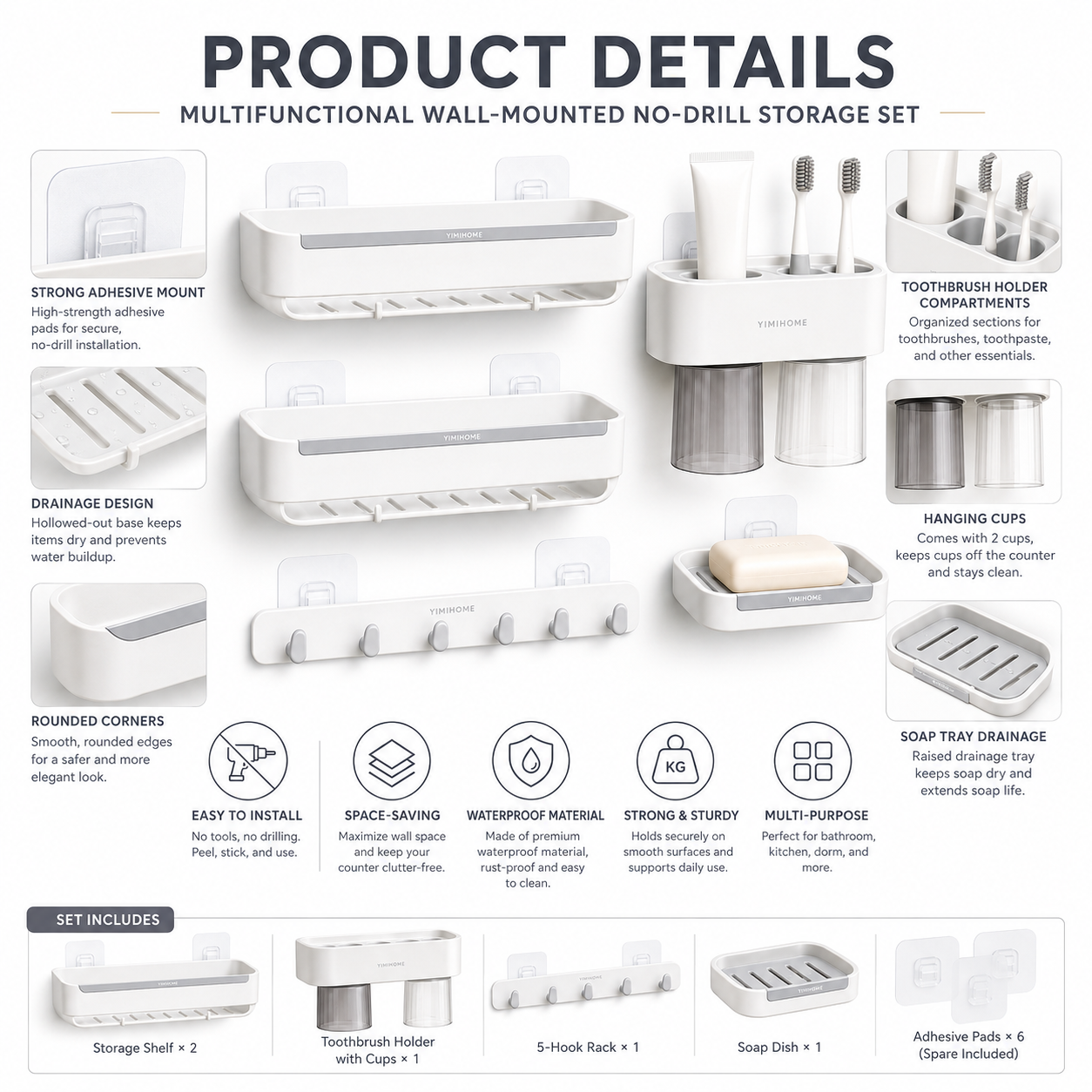 Multifunctional wall-mounted no-drill storage set