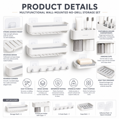 Multifunctional wall-mounted no-drill storage set