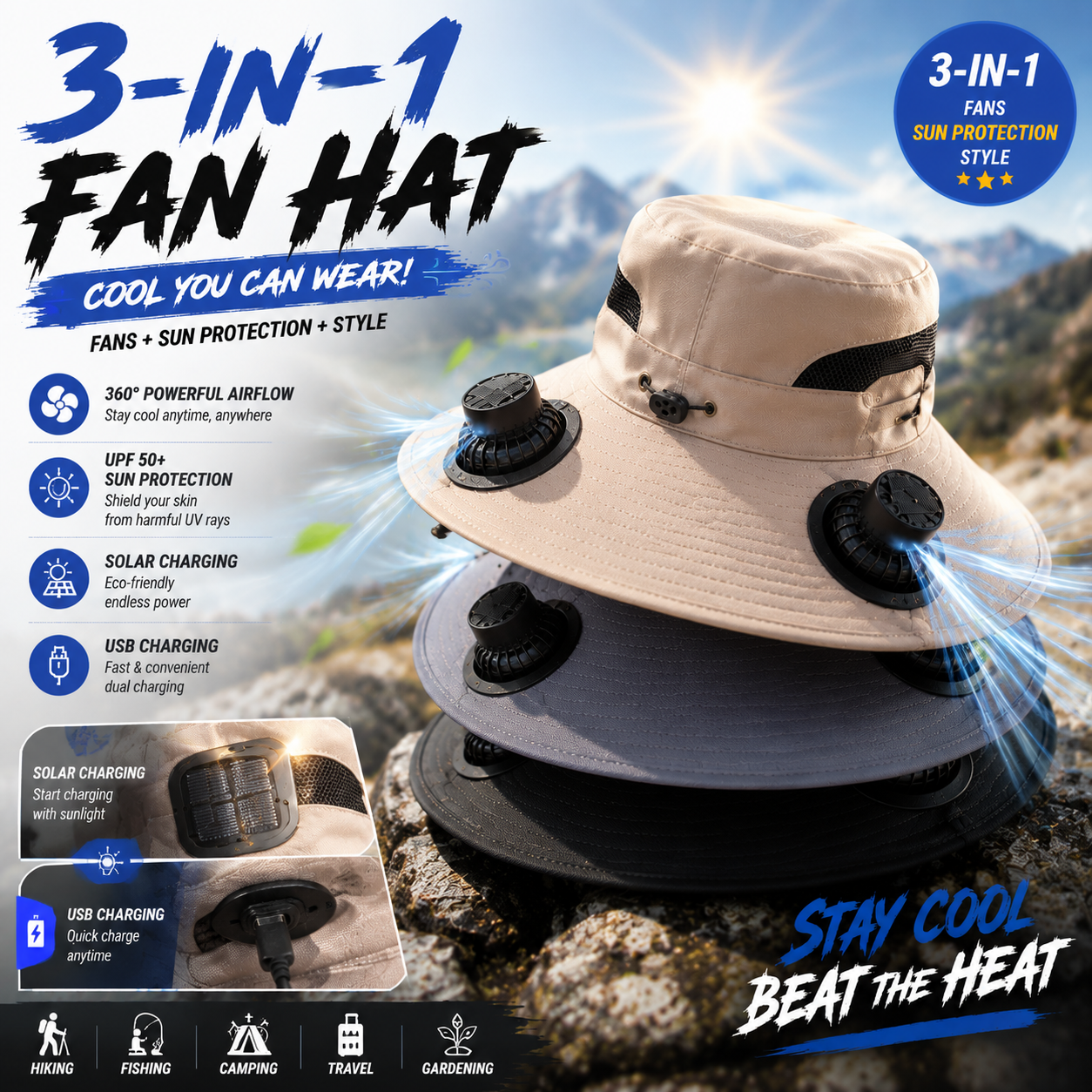 Large Size Quick-Dry Sun Hat, Solar & USB Rechargeable Cooling Fisherman Hat, Adjustable Wide Brim Dual Fan Hat, UV Protection Portable Wearable Fan Cap for Fishing Hiking Camping Summer Outdoor Travel