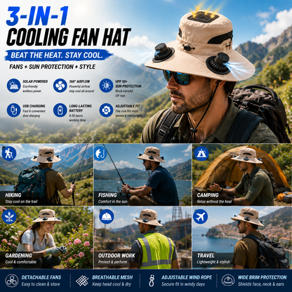 Large Size Quick-Dry Sun Hat, Solar & USB Rechargeable Cooling Fisherman Hat, Adjustable Wide Brim Dual Fan Hat, UV Protection Portable Wearable Fan Cap for Fishing Hiking Camping Summer Outdoor Travel